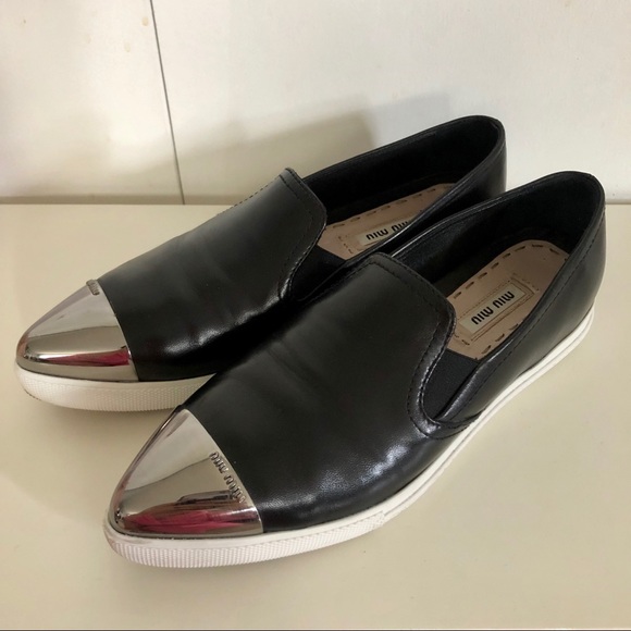 Miu Miu Metal Cap Black Leather Slip-On Sneakers - Picture 4 of 10